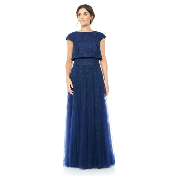 Tadashi Shoji Embroidered Tulle Crop Top Gown - Picture 1 of 8